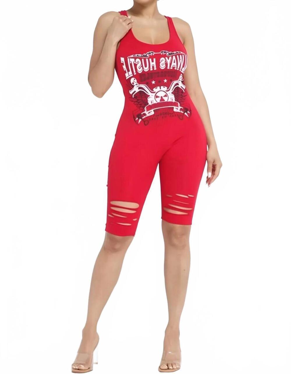 NEW JNK always hustle distressed stretch cotton tank romper in red